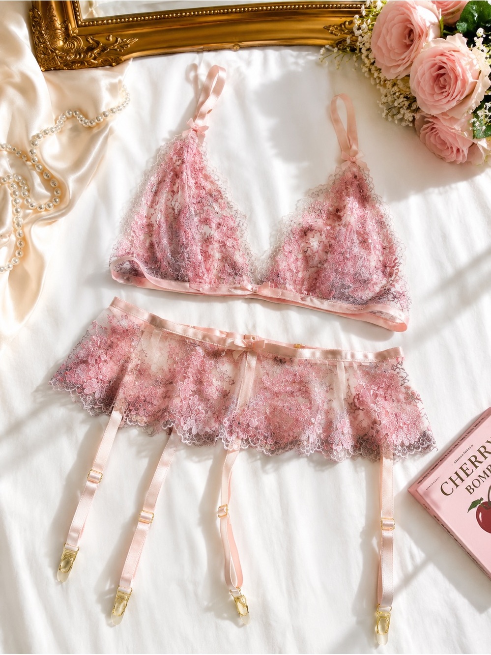 Coquette Pink Embroidered Lace Lingerie Set Bralette Garter Belt Small